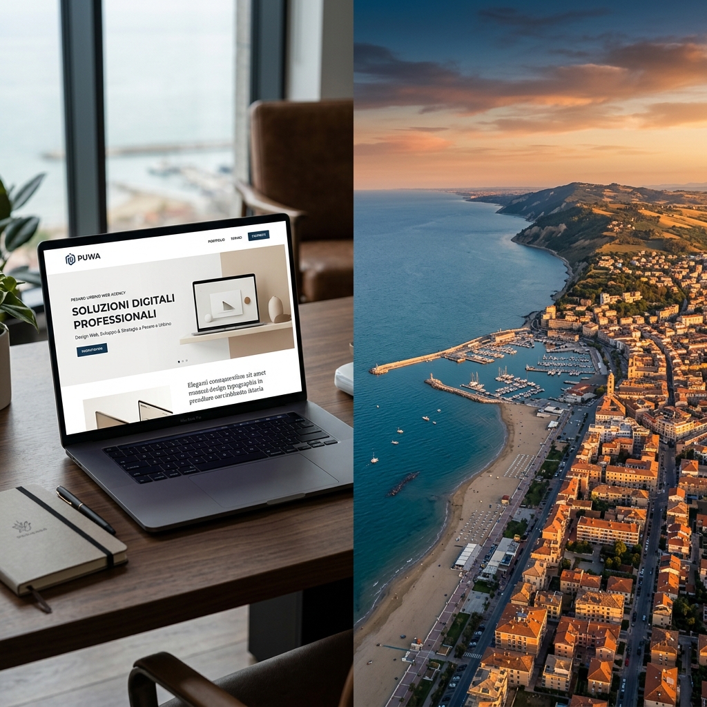 Realizzazione siti web professionali a Pesaro Urbino - laptop con design moderno e vista adriatica